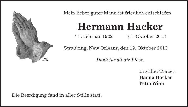 Traueranzeige Hermann Hacker