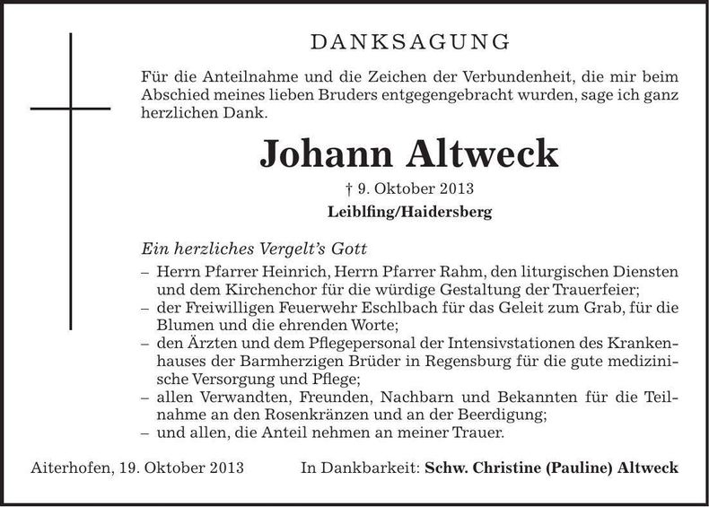 Traueranzeige Johann Altweck
