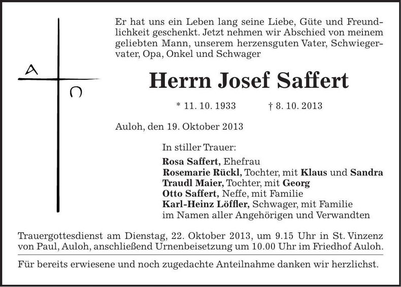 Traueranzeige Josef Saffert