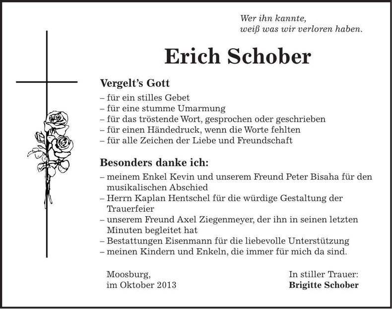 Traueranzeige Erich Schober