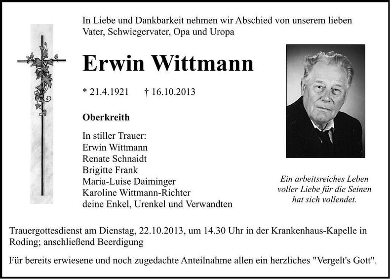 Traueranzeige Erwin Wittmann