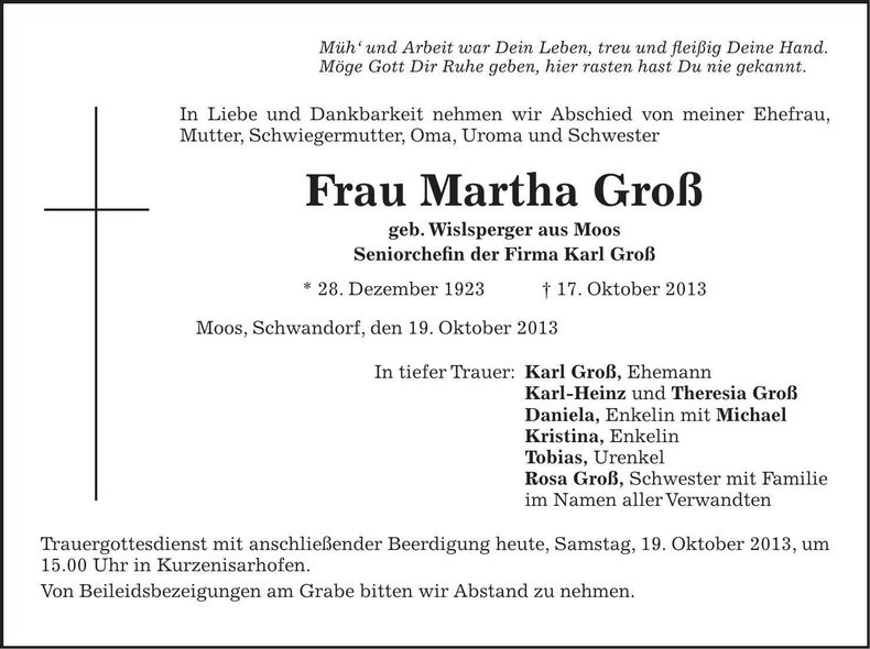 Traueranzeige Martha Groß