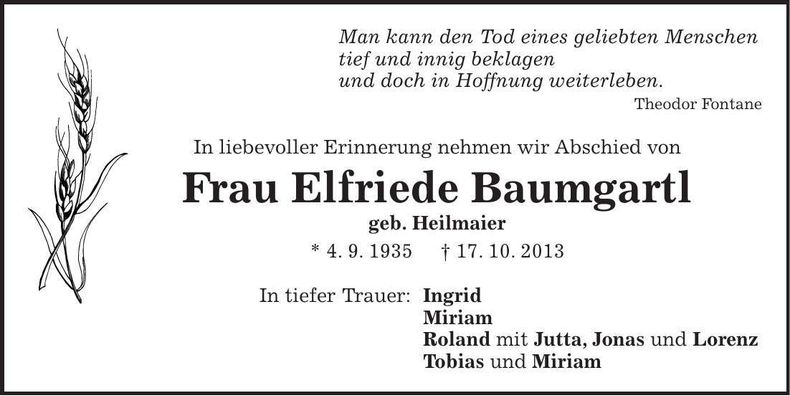 Traueranzeige Elfriede Baumgartl