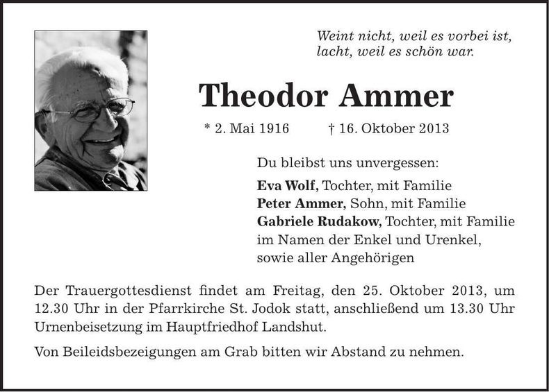 Traueranzeige Theodorf Ammer