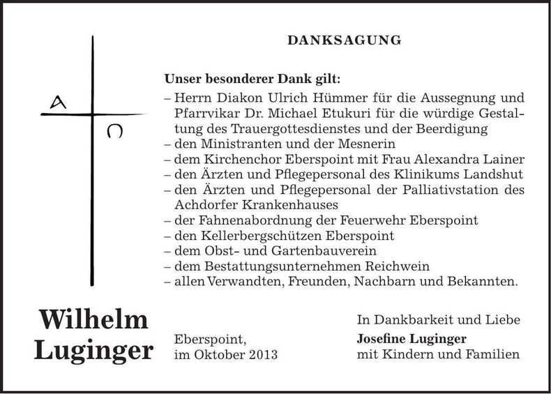 Traueranzeige Wilhelm Luginger