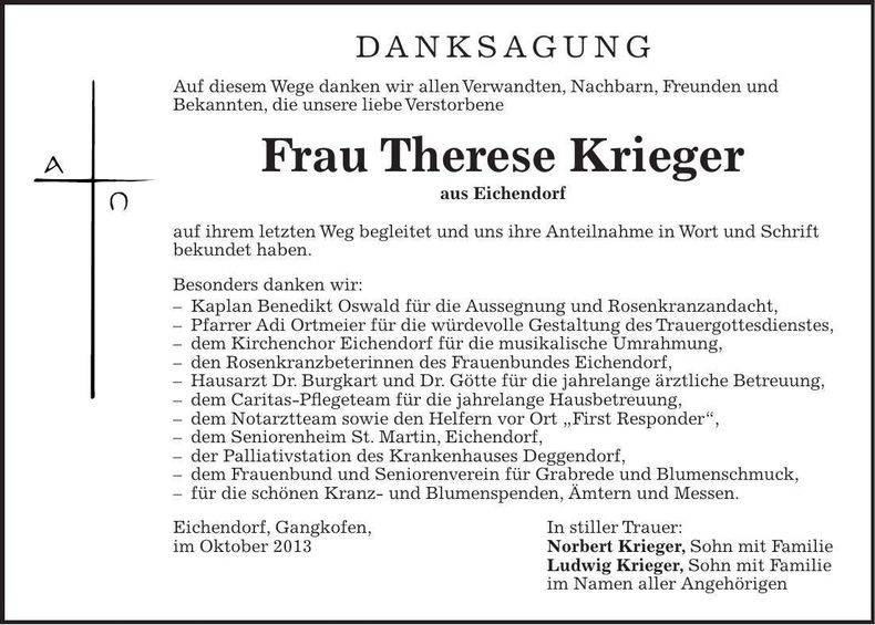 Traueranzeige Therese Krieger