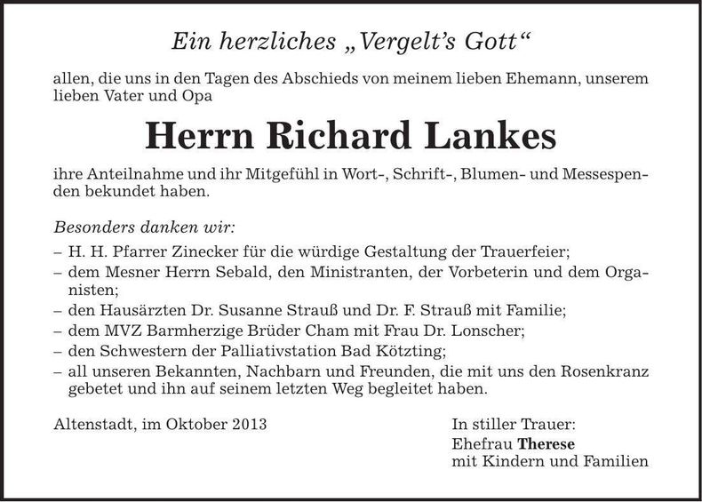 Traueranzeige Richard Lankes