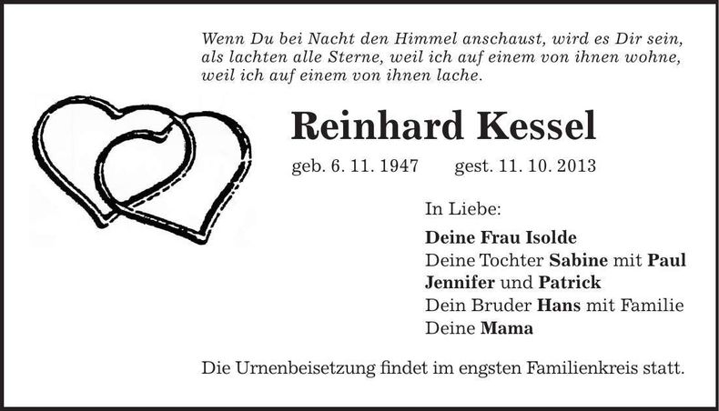 Traueranzeige Reinhard Kessel