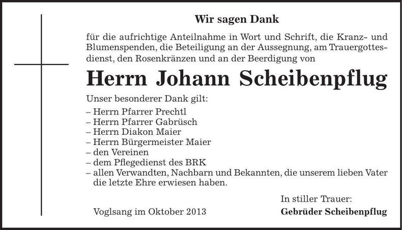 Traueranzeige Johann Scheibenpflug