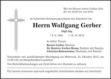 Traueranzeige Wolfgang Gerber