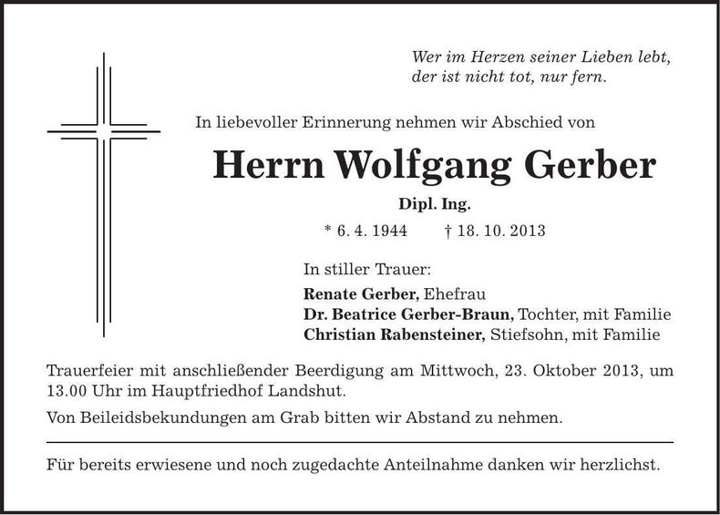 Traueranzeige Wolfgang Gerber