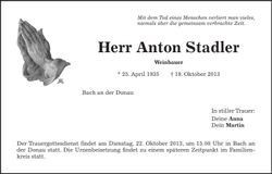 Traueranzeige Anton Stadler