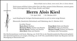 Traueranzeige Alois Kiesl