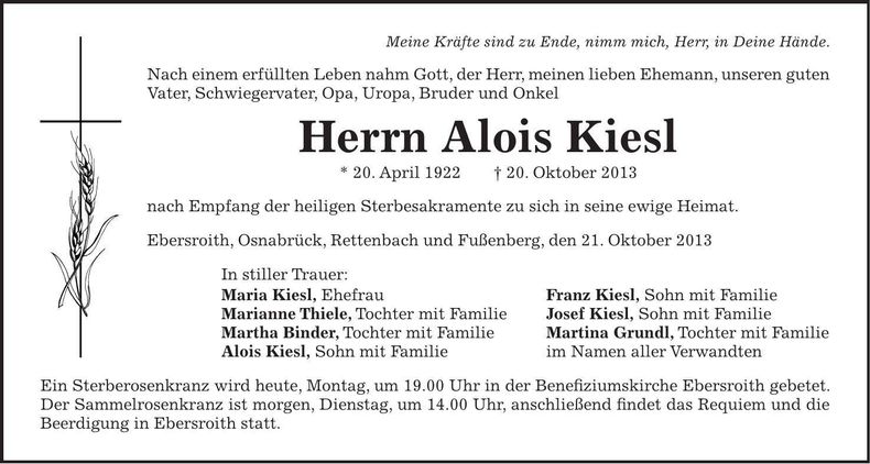 Traueranzeige Alois Kiesl
