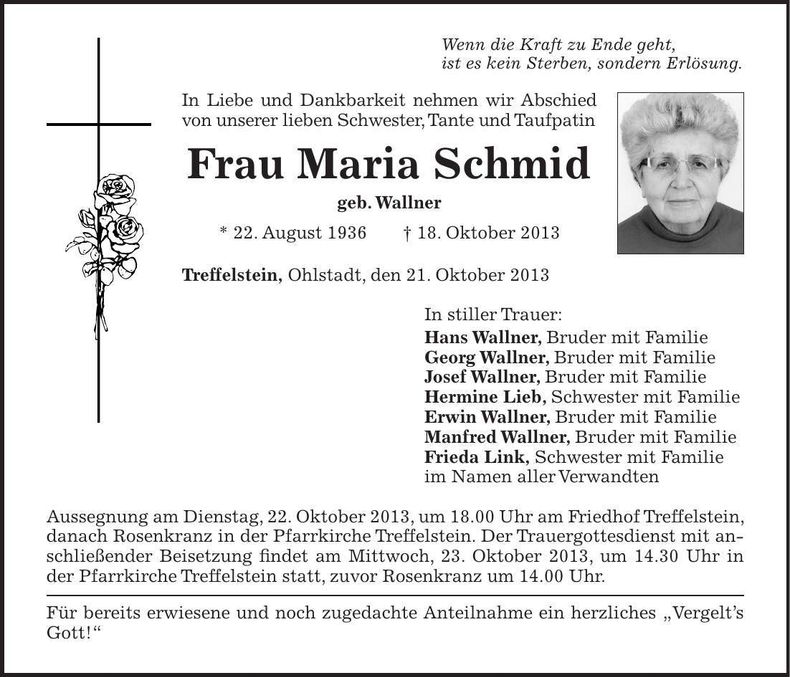 Traueranzeige Maria Schmid