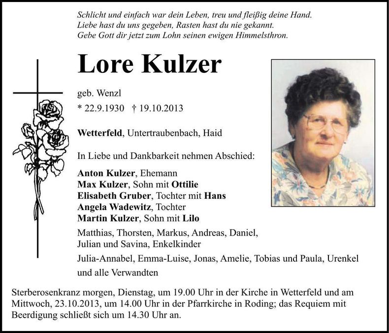 Traueranzeige Lore Kulzer