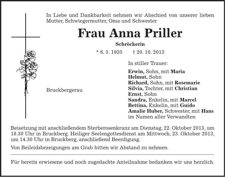 Traueranzeige Anna Priller