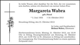 Traueranzeige Margareta Wabra