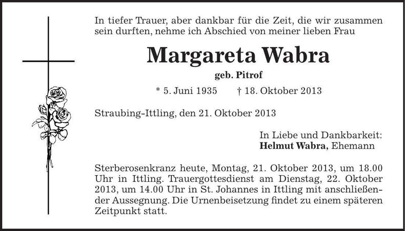 Traueranzeige Margareta Wabra