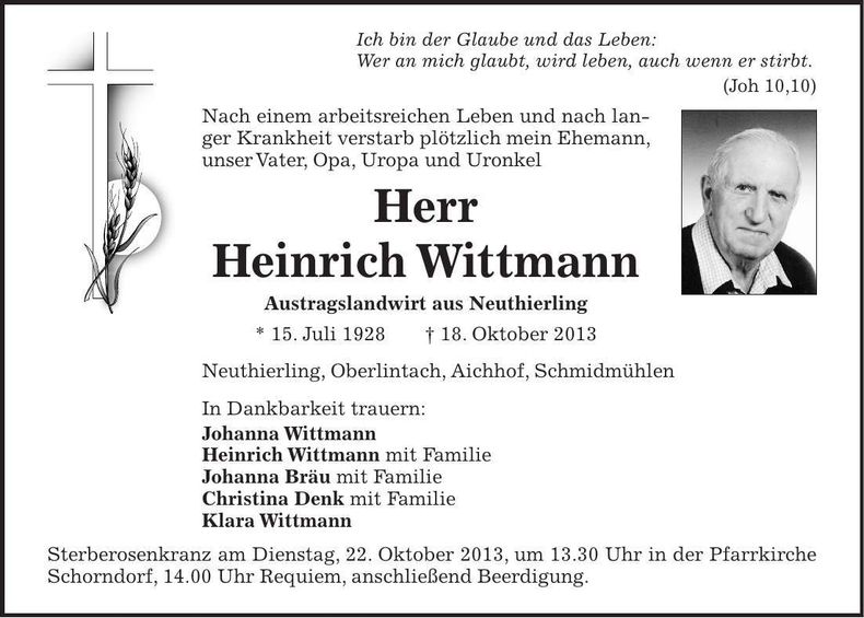 Traueranzeige Heinrich Wittmann