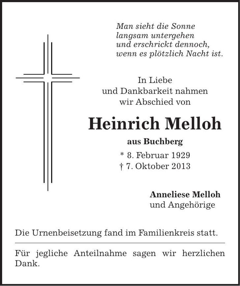 Traueranzeige Heinrich Melloh