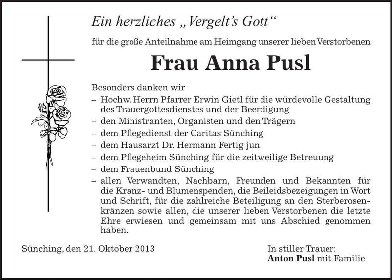Traueranzeige Anna Pusl