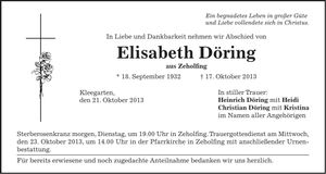 Traueranzeige Elisabeth Döring