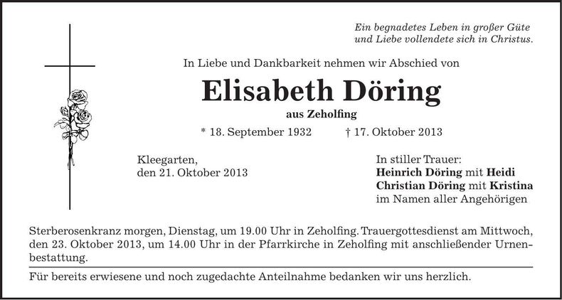 Traueranzeige Elisabeth Döring