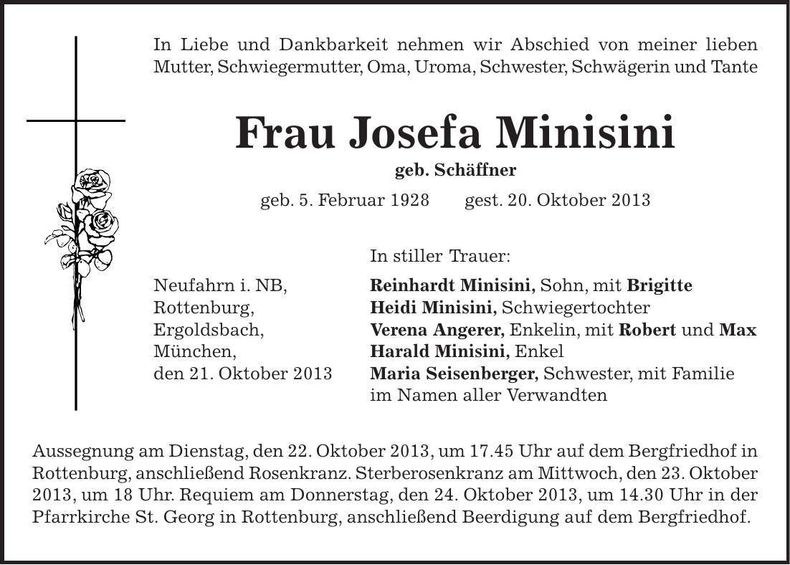 Traueranzeige Josefa Minisini