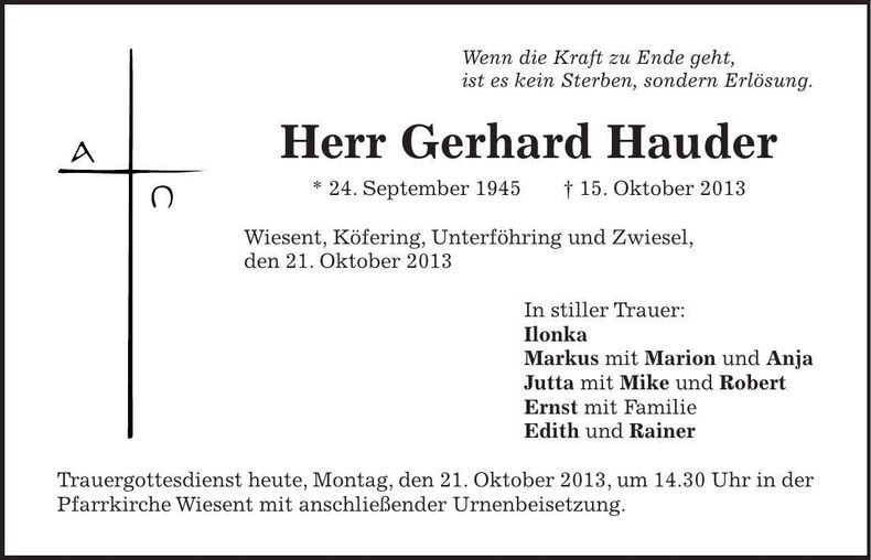 Traueranzeige Gerhard Hauder