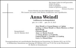 Traueranzeige Anna Weindl