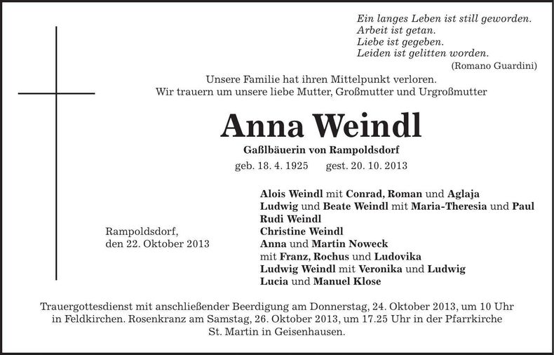 Traueranzeige Anna Weindl