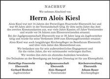 Traueranzeige Alois Kiesl