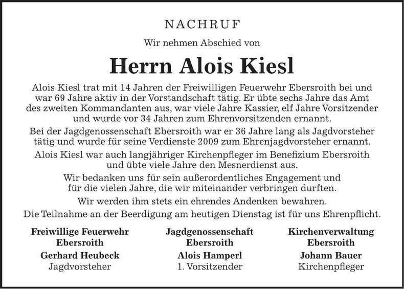 Traueranzeige Alois Kiesl