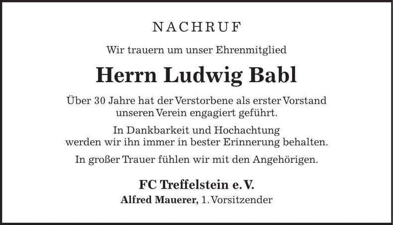 Traueranzeige Ludwig Babl