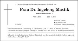 Traueranzeige Dr. Ingeborg Mastik