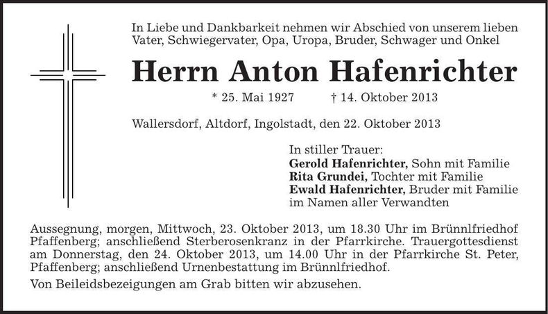 Traueranzeige Anton Hafenrichter