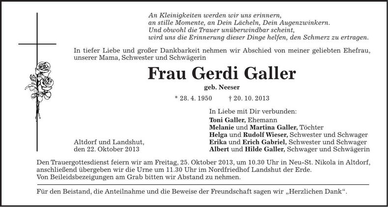 Traueranzeige Gerdi Galler
