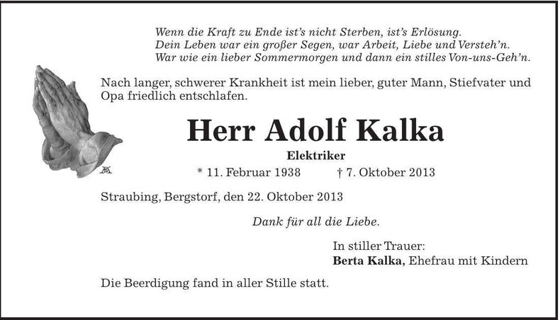 Traueranzeige Adolf Kalka