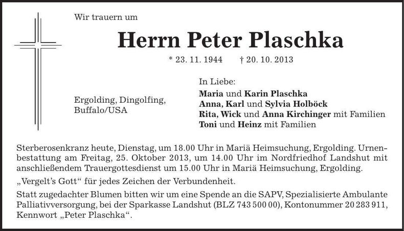 Traueranzeige Peter Plaschka
