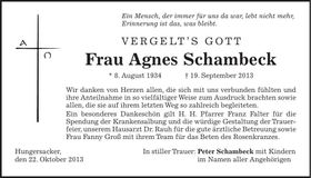 Traueranzeige Agnes Schambeck