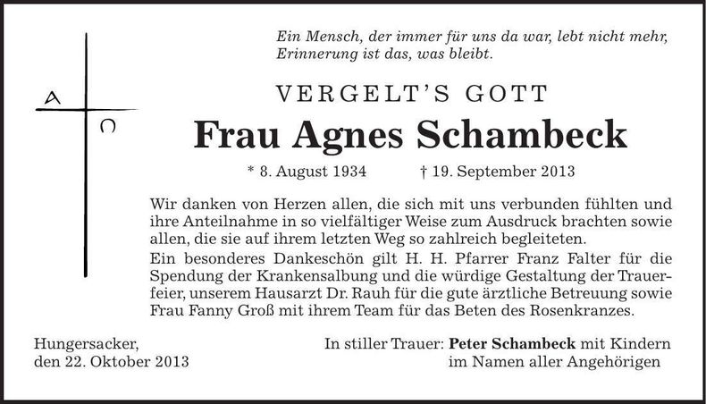 Traueranzeige Agnes Schambeck