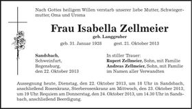 Traueranzeige Isabella Zellmeier