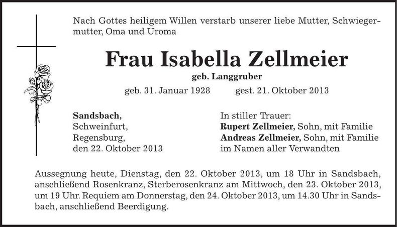 Traueranzeige Isabella Zellmeier