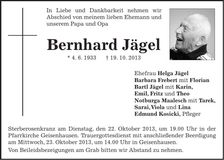 Traueranzeige Bernhard Jägel