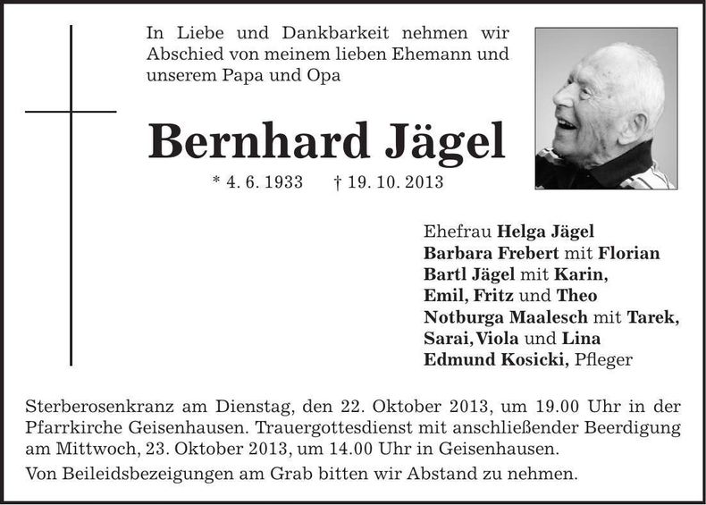 Traueranzeige Bernhard Jägel