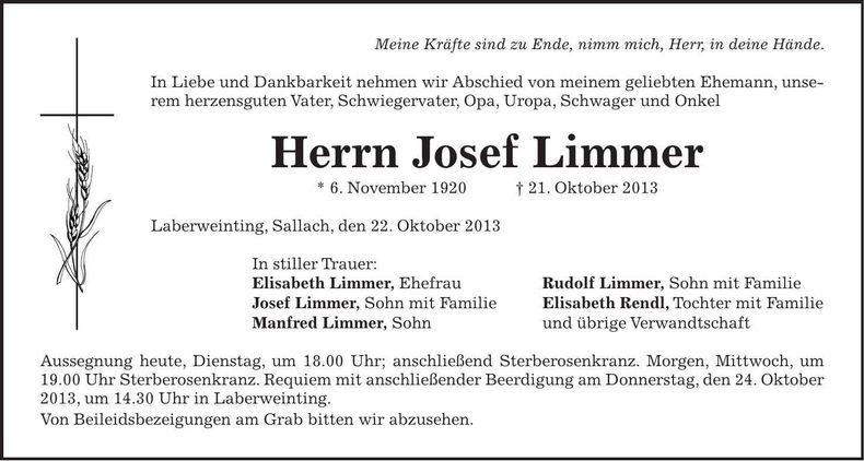 Traueranzeige Josef Limmer