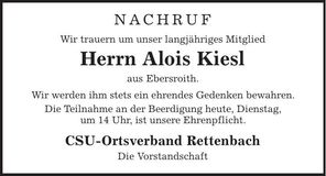 Traueranzeige Alois Kiesl