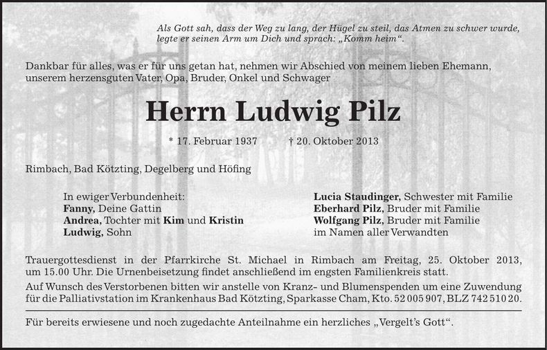 Traueranzeige Ludwig Pilz