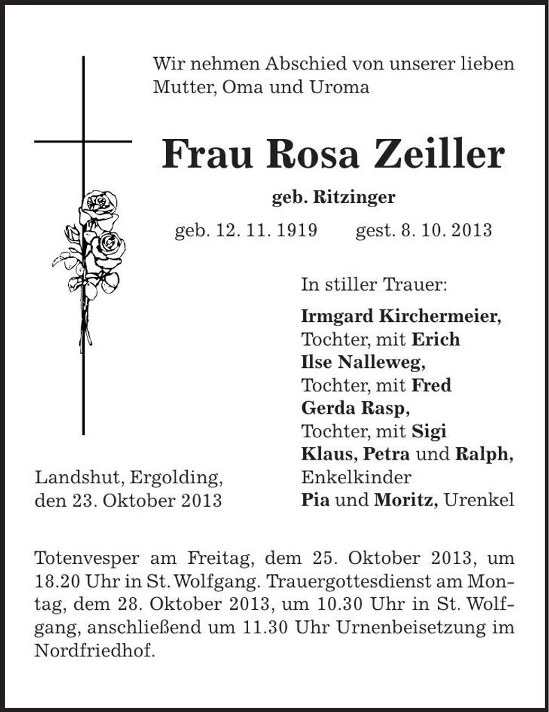 Traueranzeige Rosa Zeiller